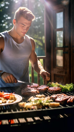 Barbecuing meat to perfection Confident young man barbecuing meat on the grill while other members of family sitting at the dining table in the background : Generative AIの素材