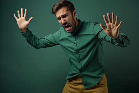 Angry young man stretching out hands while standing against green background : Generative AIの素材