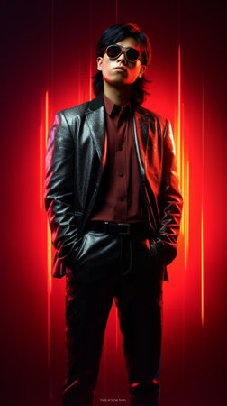 Are you ready to party Handsome young man in sunglasses adjusting his jacket and grimacing while standing against black background : Generative AIの素材