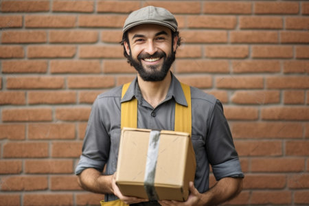 Always in time Cheerful young delivery man holding a cardboard box while standing against residential house : Generative AIの素材