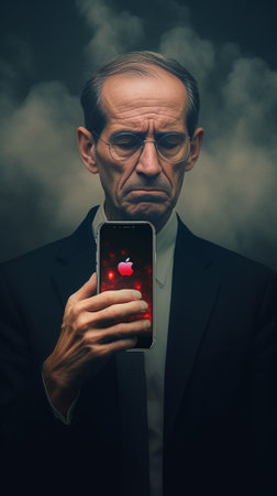 Bad news Frustrated senior man in formalwear holding mobile phone and looking at it while standing against white background : Generative AIの素材