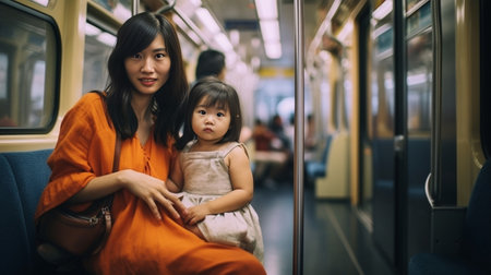 Beautiful mother with little daughter looking through a window while enjoying train journey together : Generative AIの素材