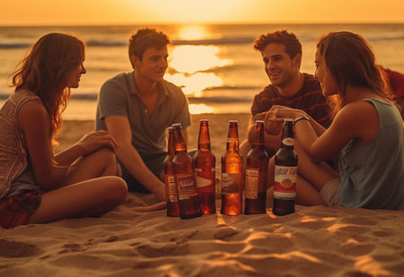 Beach picnic with friends Cheerful young people spending nice time together while sitting on the beach and drinking beer : Generative AIの素材