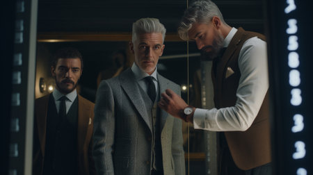 Best designs Two young fashionable men measuring jackets sleeve while standing in workshop : Generative AIの素材