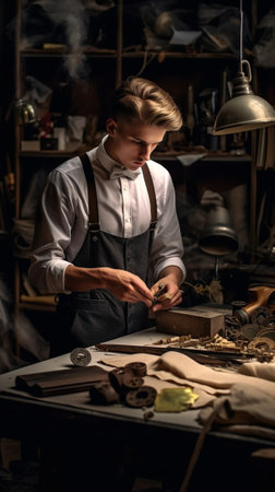 Another working day Handsome young man in suit tying his shoe while standing in the workshop : Generative AIの素材