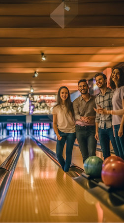 Beautiful and confident player Beautiful young women holding a bowling ball while three people communicating against bowling alleys : Generative AIの素材