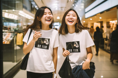 Beautiful robbers Top view of two happy young women holding dollars and smiling while lying in shopping cart with money bag : Generative AIの素材