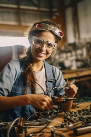 Busy with talking Beautiful young woman talking on smart phone while working together with her partner in the workshop : Generative AIの素材