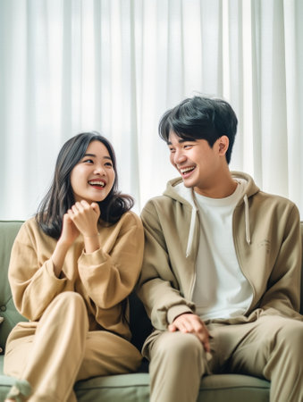 Beautiful young couple in casual clothing bonding together and laughing while resting on the sofa indoors : Generative AIの素材