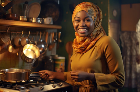 Confident African woman mixing something in pan and smiling while preparing food at the kitchen : Generative AIの素材