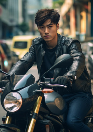 Being a biker Top view of handsome young man riding motorbike while spending time outdoors : Generative AIの素材