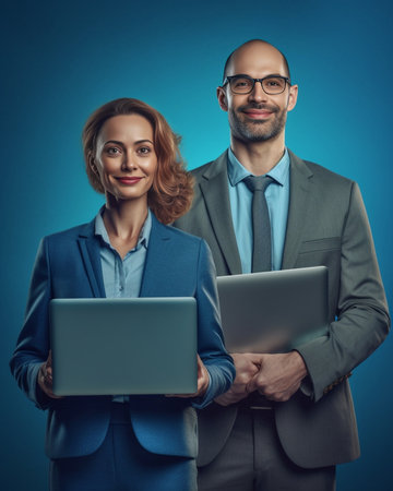 Business people Top view of two business people in formalwear smiling at camera while working on laptop : Generative AIの素材