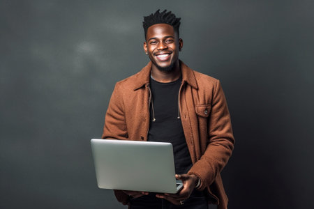 Can I help you Cheerful young African man using laptop and looking at camera while standing against grey background : Generative AIの素材