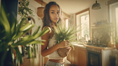 Beautiful young woman carrying wooden crate with plants while standing at the domestic room : Generative AIの素材