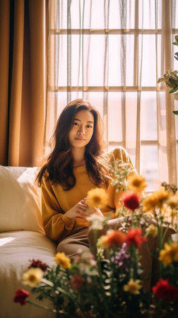 Beautiful young woman in cozy pajamas enjoying her bouquet of tulips while resting on the window sill at home : Generative AIの素材