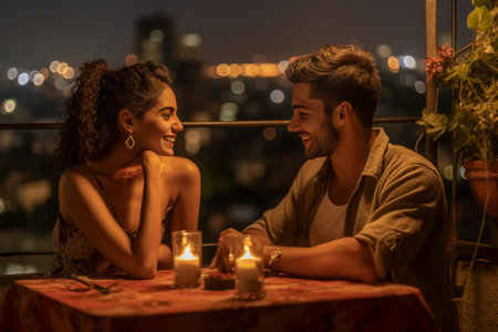 Beautiful young couple in casual clothing enjoying romantic dinner and smiling while sitting on the rooftop patio outdoors : Generative AIの素材