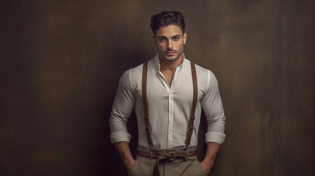 Charming gangster Handsome young man in suspenders adjusting his hat and looking at camera with smile while standing against grey background : Generative AIの素材