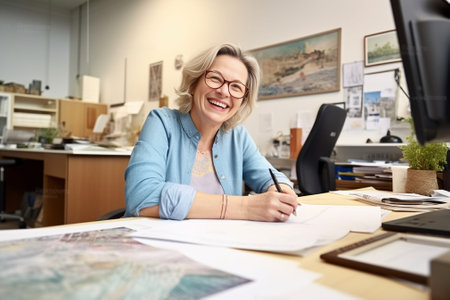 Beautiful senior businesswoman using smart phone and smiling while leaning at the office desk : Generative AIの素材
