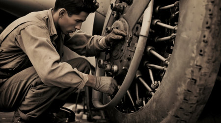 Checking the wheels Confident male pilot in uniform examining an airplane wheels : Generative AIの素材