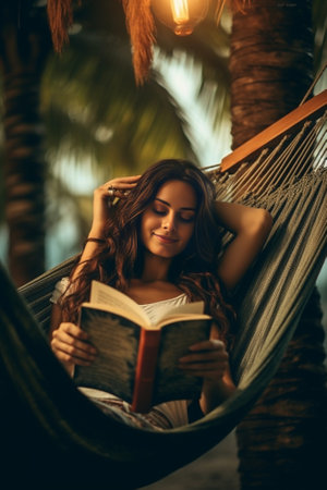 Beautiful young woman reading book andd smiling while relaxing in big hammock at home : Generative AIの素材