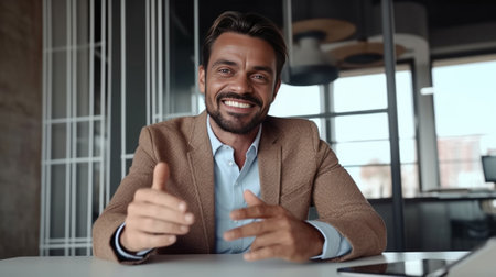 Cheerful man in shirt and tie holding hands clasped while sitting at his working place in office : Generative AIの素材