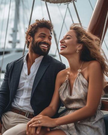 Celebrating love Smiling young couple holding glasses with champagne and looking at each other while sitting on the board of yacht : Generative AIの素材