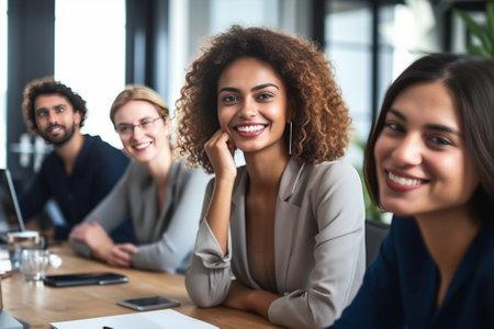 Brainstorming with colleagues Beautiful young woman holding hand on chin and smiling while sitting together with her colleagues at the desk in office : Generative AIの素材