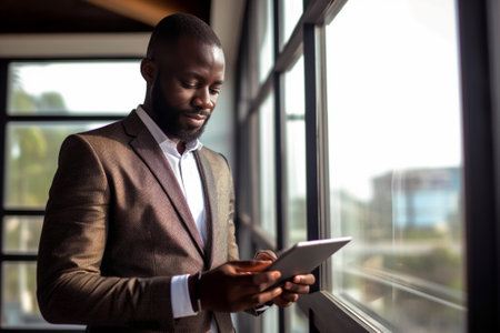 Charming young African man in formalwear working using digital tablet while standing against grey background : Generative AIの素材
