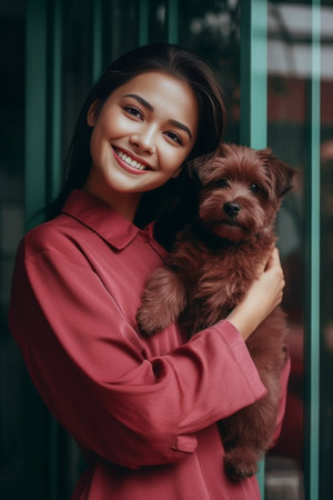 Cheerful young woman carrying her cute little dog while standing at the kitchen : Generative AIの素材