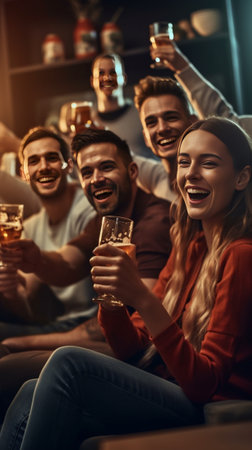 Chilling out with friends Smiling young woman holding bottle of beer and looking at camera while three people talking to each other in the background : Generative AIの素材