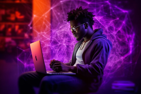 Confident African man using technologies while sitting at the desk against purple background : Generative AIの素材