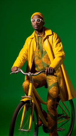 Confident in his perfect style Full length of confident young African man adjusting his sunglasses and leaning at his retro styled bicycle while standing against white ba : Generative AIの素材