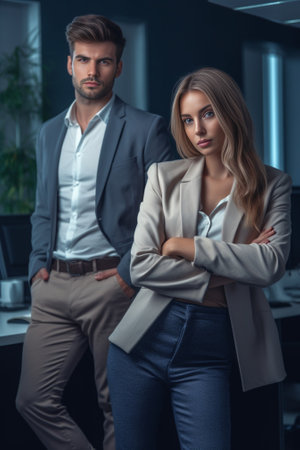 Confident and successful Young modern colleagues in smart casual wear working while spending time in the office : Generative AIの素材