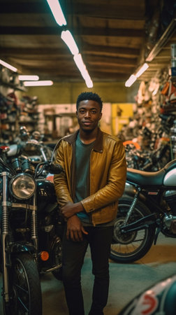 Bikes are not for everyone Handsome young man sitting on his bike with motorcycle garage in the background : Generative AIの素材