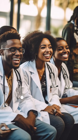 Cheerful doctor at the meeting Handsome young African doctor smiling while sitting together with his colleagues at the meeting : Generative AIの素材