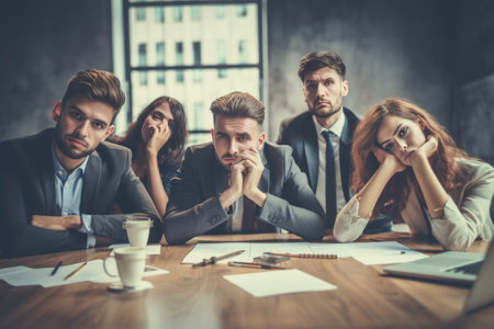 Busy working day Group of young business people concentrating at their work while sitting at the large office desk in the office together : Generative AIの素材