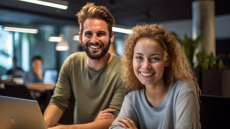 Confident cooperation Cheerful young man and woman sitting at the working place and looking over shoulder : Generative AIの素材