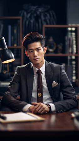 Confident business expert Handsome young man in suit holding hand on chin and smiling while sitting at his working place : Generative AIの素材