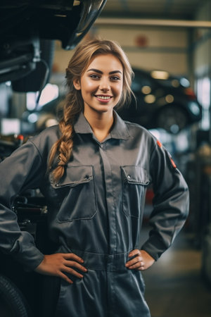 Beautiful auto mechanic Beautiful young woman holding work tool and looking at camera while leaning at the car tire in auto repair shop : Generative AIの素材