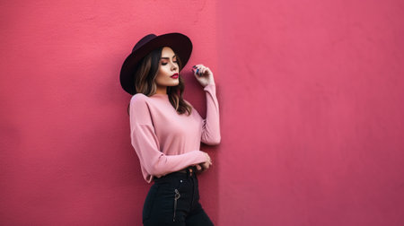 Attractive young woman in pink hat smiling while standing against colored background : Generative AIの素材