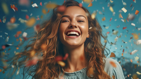 Confetti fun Beautiful young woman throwing confetti and looking happy : Generative AIの素材