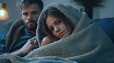 Always protecting her Beautiful young couple covered with blanket resting together while sitting in an armchair at home : Generative AIの素材
