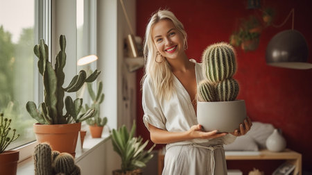 Confident woman carrying wooden crate with plants and smiling while standing at the domestic room : Generative AIの素材