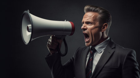 Can you hear me Furious mature man in formalwear shouting at megaphone while standing isolated on white background : Generative AIの素材