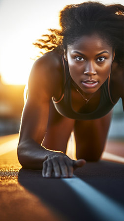 Beautiful young African woman in sports clothing running on track outdoors : Generative AIの素材