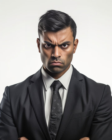 Confident Indian businessman adjusting his necktie against black and white background : Generative AIの素材