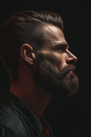 Bearded handsome Side view of handsome young bearded man keeping eyes closed while standing against grey background : Generative AIの素材