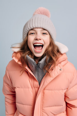 Beautiful young woman in winter coat and funky hat looking up and smiling against blue background : Generative AIの素材