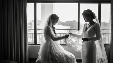 Beginning of the happiest day Full length of bridesmaids helping bride with her wedding dress while standing near the window together : Generative AIの素材