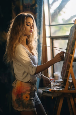 Beautiful young woman looking inspired while drawing in art studio : Generative AIの素材